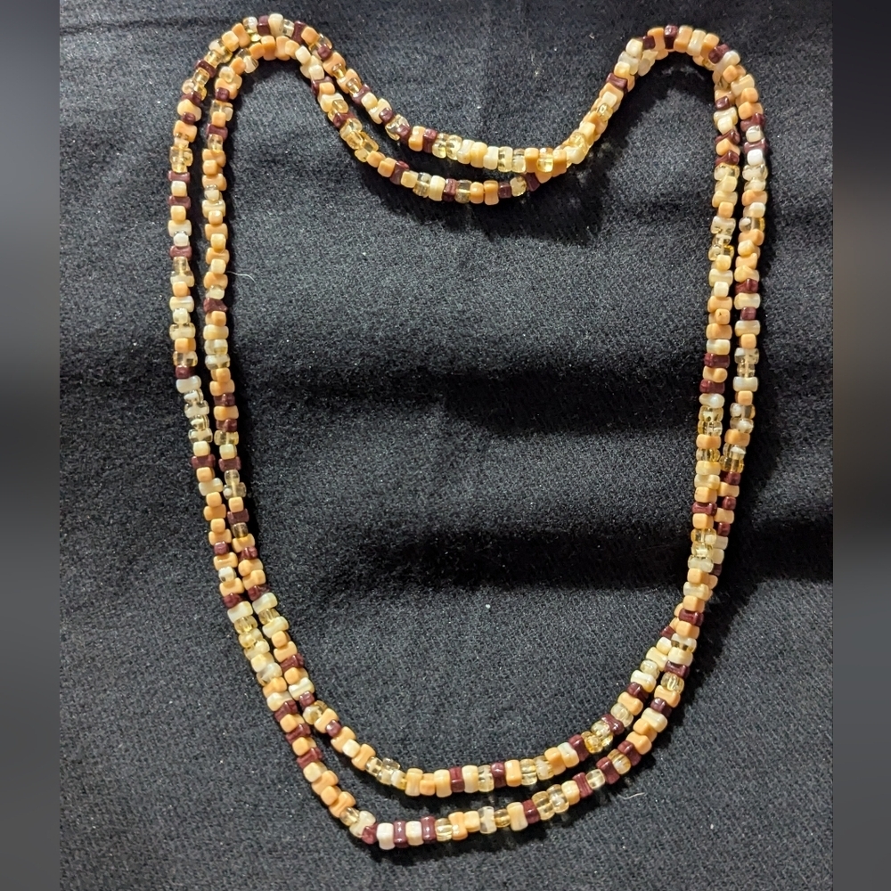 Cream Peach Brown Beaded And Shell Long Statement Necklace